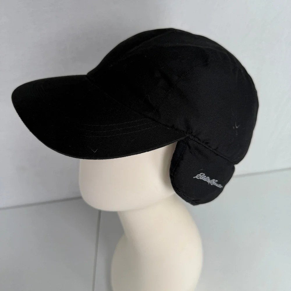 Eddie Bauer S / M Trapper Cap Down Insulated Ear Flap Quilted Hat Black Warm
